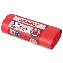 Мешки для мусора 60 л, красный, в рулоне 20 шт., ПНД, 10 мкм, 680х580 мм, LAIMA, 606702 в Балаково