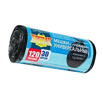 Мешки для мусора 120 л, с ушками, черные, в рулоне 30 шт., ПНД, 15 мкм, 1100х700 мм, Крепак, 4607075710375 в Балаково